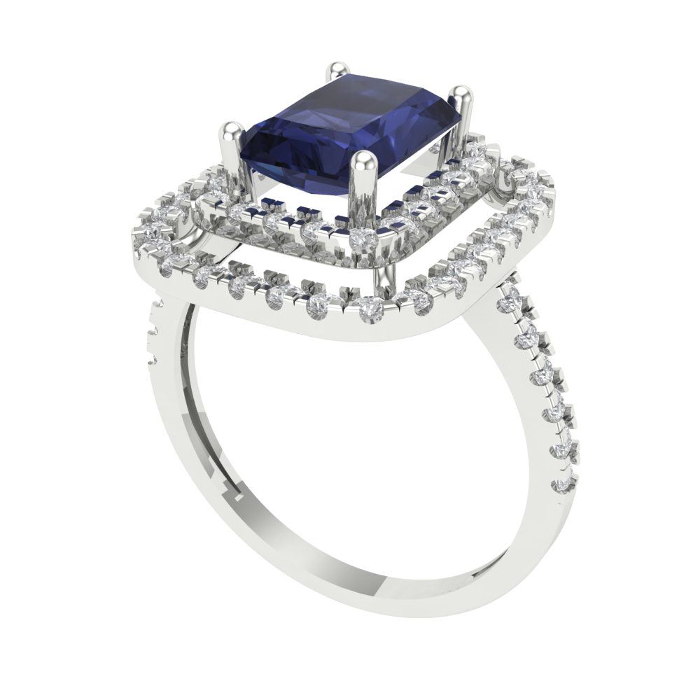 2.62 cttw Simulated Blue Sapphire Hidden Halo Engagement Ring - Solid White Gold (VVS1, Emerald Cut,8X6.0mm)