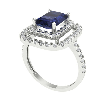 2.62 cttw Simulated Blue Sapphire Hidden Halo Engagement Ring - Solid White Gold (VVS1, Emerald Cut,8X6.0mm)