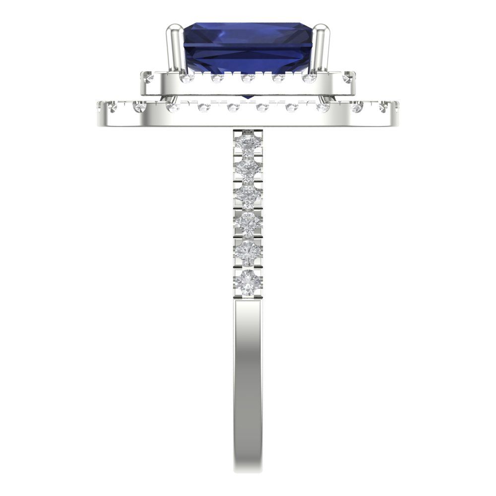 2.62 cttw Simulated Blue Sapphire Hidden Halo Engagement Ring - Solid White Gold (VVS1, Emerald Cut,8X6.0mm)