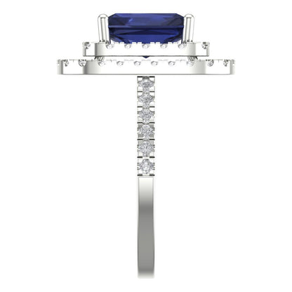 2.62 cttw Simulated Blue Sapphire Hidden Halo Engagement Ring - Solid White Gold (VVS1, Emerald Cut,8X6.0mm)