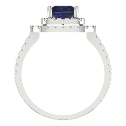 2.62 cttw Simulated Blue Sapphire Hidden Halo Engagement Ring - Solid White Gold (VVS1, Emerald Cut,8X6.0mm)