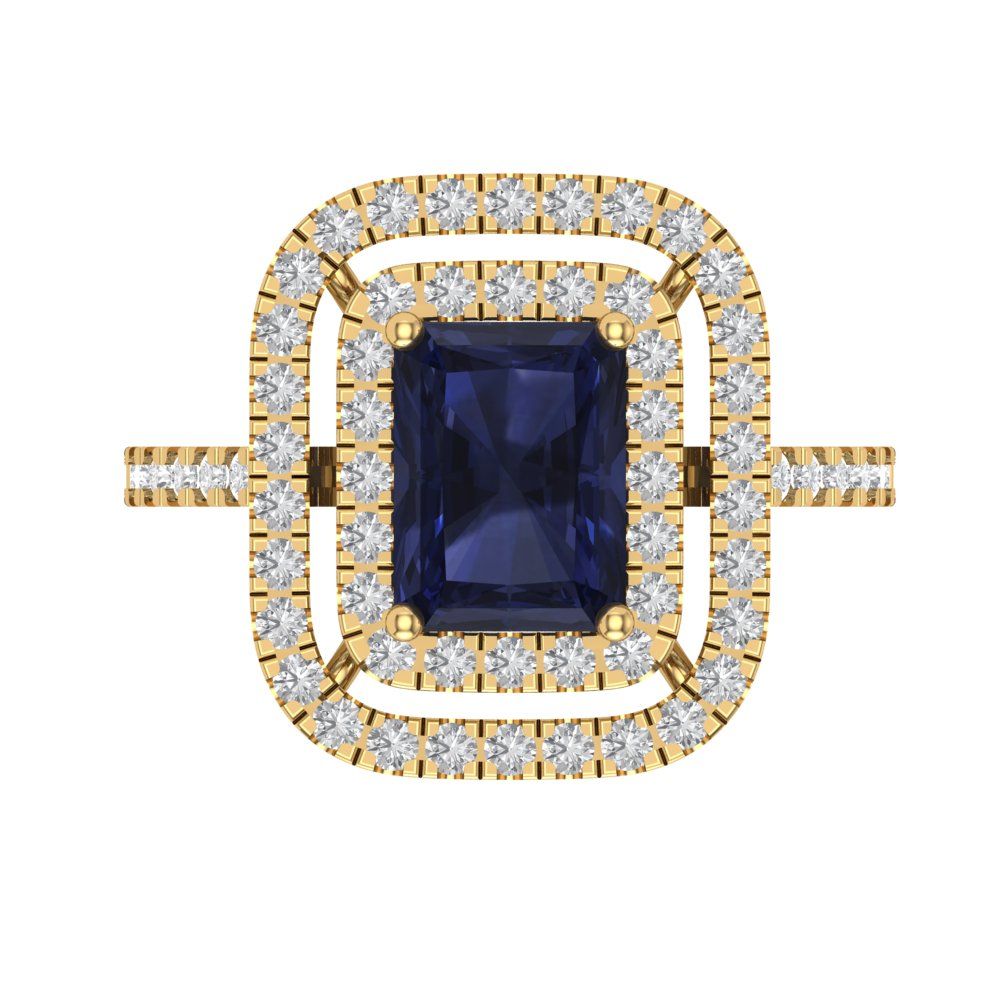 2.62 cttw Simulated Blue Sapphire Hidden Halo Engagement Ring - Solid Yellow Gold (VVS1, Emerald Cut,8X6.0mm)