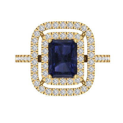 2.62 cttw Simulated Blue Sapphire Hidden Halo Engagement Ring - Solid Yellow Gold (VVS1, Emerald Cut,8X6.0mm)