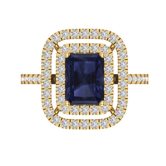 2.62 cttw Simulated Blue Sapphire Hidden Halo Engagement Ring - Solid Yellow Gold (VVS1, Emerald Cut,8X6.0mm)