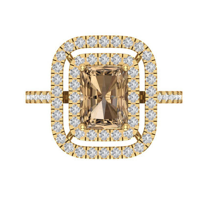 2.62 cttw Zirconia Simulated Champagne Diamond Hidden Halo Engagement Ring - Solid Yellow Gold (VVS1, Emerald Cut,8X6.0mm)
