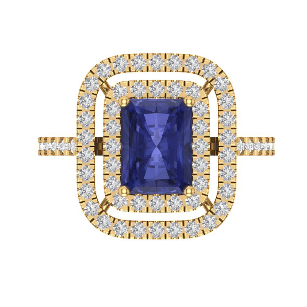 2.62 cttw Simulated Tanzanite Hidden Halo Engagement Ring - Solid Yellow Gold (VVS1, Emerald Cut,8X6.0mm)