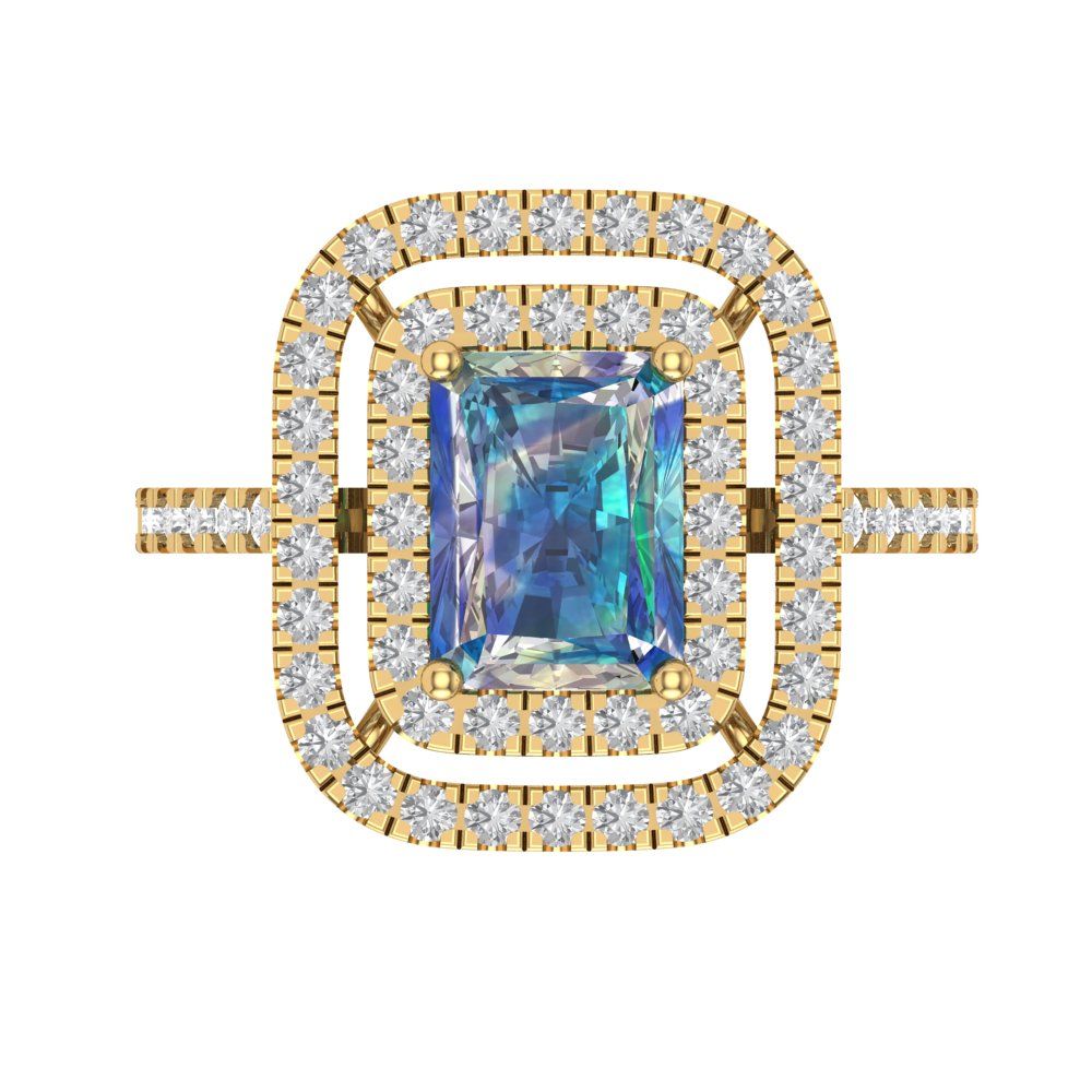 2.62 cttw Blue Moissanite Hidden Halo Engagement Ring - Solid Yellow Gold (VVS1, Emerald Cut,8X6.0mm)