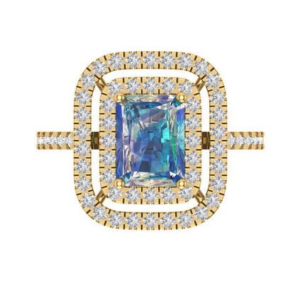 2.62 cttw Blue Moissanite Hidden Halo Engagement Ring - Solid Yellow Gold (VVS1, Emerald Cut,8X6.0mm)