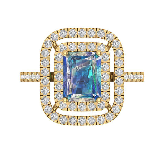 2.62 cttw Blue Moissanite Hidden Halo Engagement Ring - Solid Yellow Gold (VVS1, Emerald Cut,8X6.0mm)