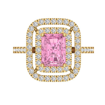 2.62 cttw Zirconia Simulated Pink Diamond Hidden Halo Engagement Ring - Solid Yellow Gold (VVS1, Emerald Cut,8X6.0mm)