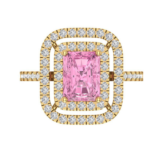2.62 cttw Zirconia Simulated Pink Diamond Hidden Halo Engagement Ring - Solid Yellow Gold (VVS1, Emerald Cut,8X6.0mm)