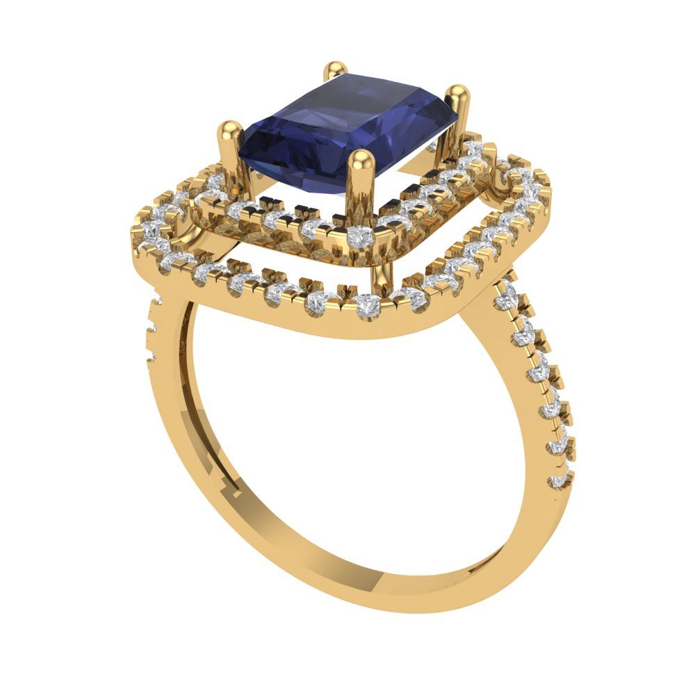 2.62 cttw Simulated Blue Sapphire Hidden Halo Engagement Ring - Solid Yellow Gold (VVS1, Emerald Cut,8X6.0mm)