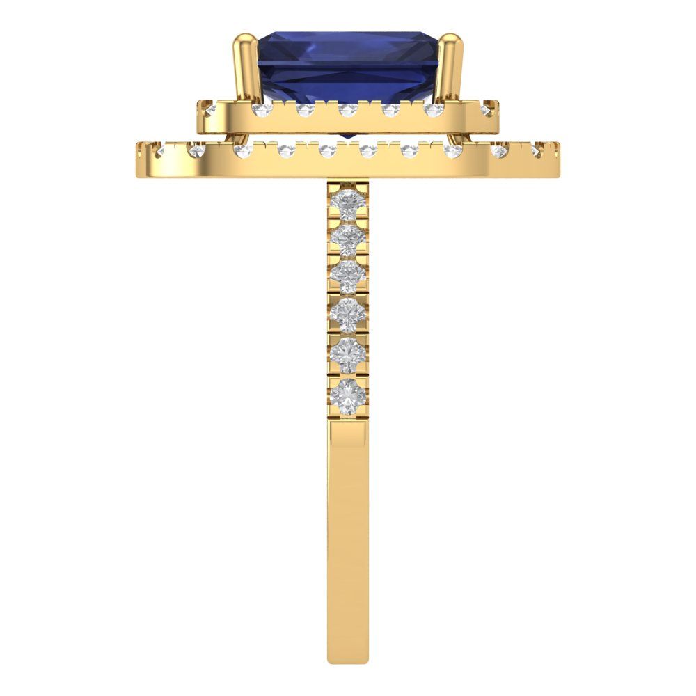 2.62 cttw Simulated Blue Sapphire Hidden Halo Engagement Ring - Solid Yellow Gold (VVS1, Emerald Cut,8X6.0mm)