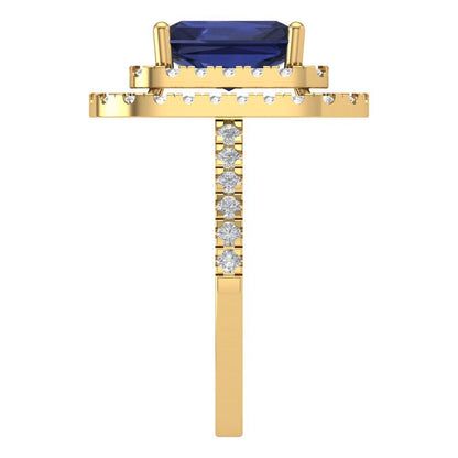 2.62 cttw Simulated Blue Sapphire Hidden Halo Engagement Ring - Solid Yellow Gold (VVS1, Emerald Cut,8X6.0mm)