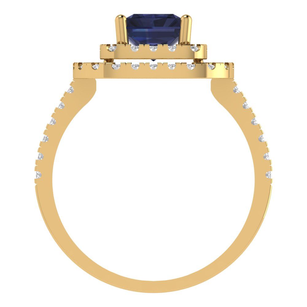 2.62 cttw Simulated Blue Sapphire Hidden Halo Engagement Ring - Solid Yellow Gold (VVS1, Emerald Cut,8X6.0mm)