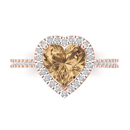 2.285 cttw Zirconia Simulated Champagne Diamond Hidden Halo Engagement Ring - Solid Rose Gold (VVS1, Heart Cut,8mm)