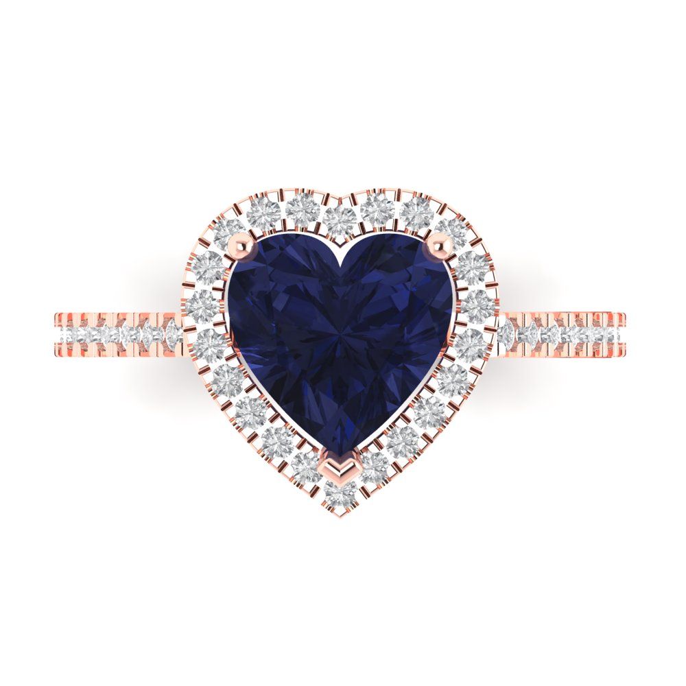 2.285 cttw Simulated Blue Sapphire Hidden Halo Engagement Ring - Solid Rose Gold (VVS1, Heart Cut,8mm)