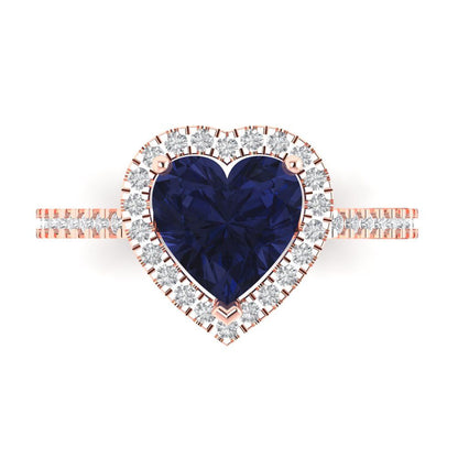 2.285 cttw Simulated Blue Sapphire Hidden Halo Engagement Ring - Solid Rose Gold (VVS1, Heart Cut,8mm)