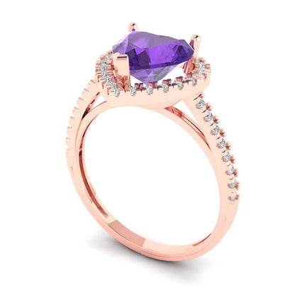 2.285 cttw Natural Amethyst Hidden Halo Engagement Ring - Solid Rose Gold (VVS1, Heart Cut,8mm)