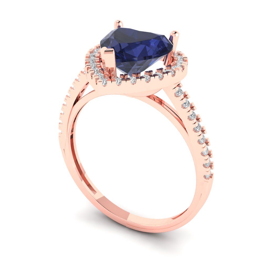 2.285 cttw Simulated Blue Sapphire Hidden Halo Engagement Ring - Solid Rose Gold (VVS1, Heart Cut,8mm)