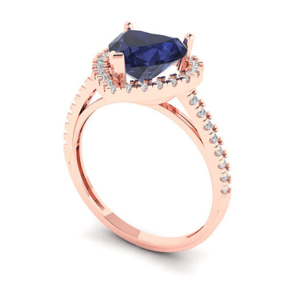2.285 cttw Simulated Blue Sapphire Hidden Halo Engagement Ring - Solid Rose Gold (VVS1, Heart Cut,8mm)