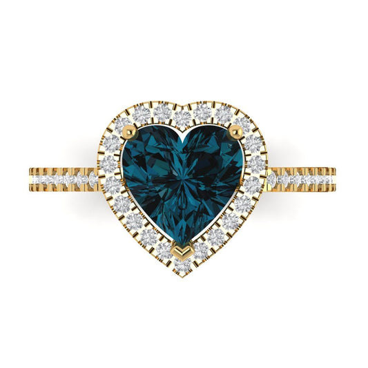 2.285 cttw Natural London Blue Topaz Hidden Halo Engagement Ring - Solid Yellow Gold (VVS1, Heart Cut,8mm)