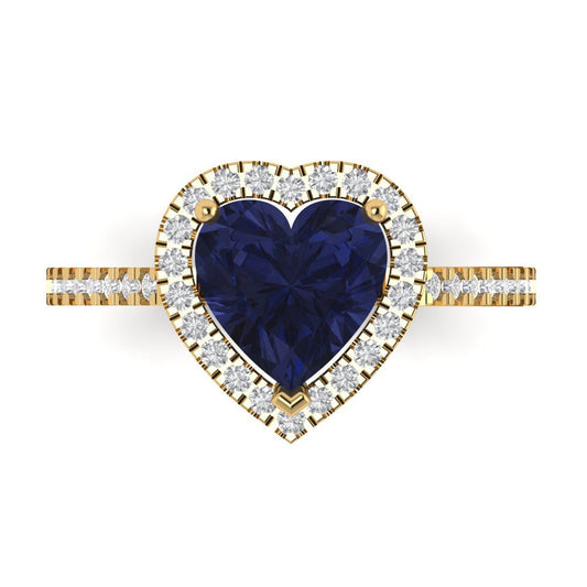 2.285 cttw Simulated Blue Sapphire Hidden Halo Engagement Ring - Solid Yellow Gold (VVS1, Heart Cut,8mm)