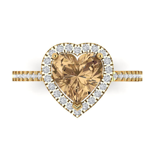 2.285 cttw Zirconia Simulated Champagne Diamond Hidden Halo Engagement Ring - Solid Yellow Gold (VVS1, Heart Cut,8mm)