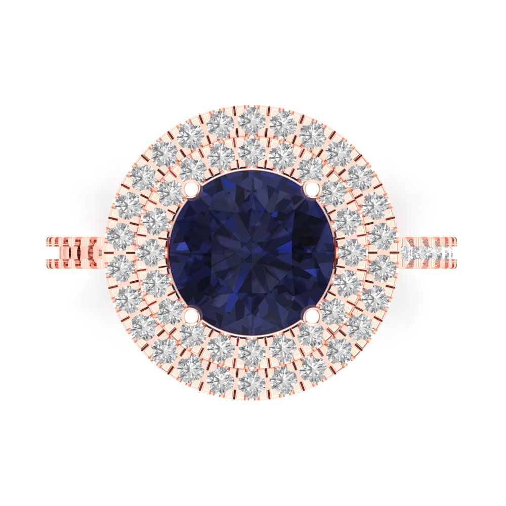2.6 cttw Simulated Blue Sapphire Hidden Halo Engagement Ring - Solid Rose Gold (VVS1, Round Cut,8.0mm)