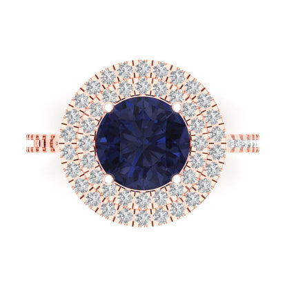2.6 cttw Simulated Blue Sapphire Hidden Halo Engagement Ring - Solid Rose Gold (VVS1, Round Cut,8.0mm)