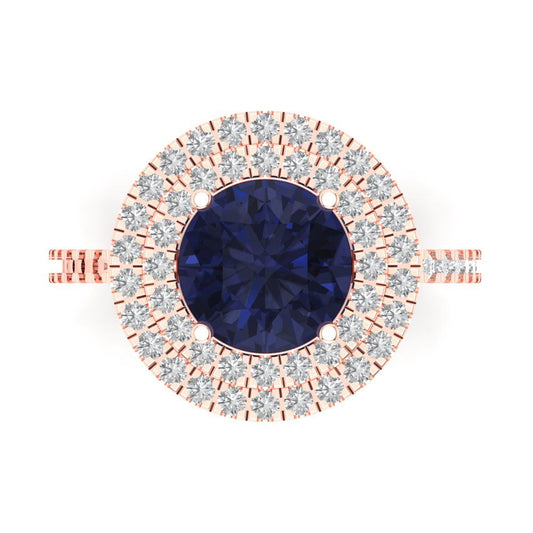 2.6 cttw Simulated Blue Sapphire Hidden Halo Engagement Ring - Solid Rose Gold (VVS1, Round Cut,8.0mm)