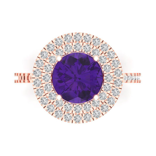 2.6 cttw Natural Amethyst Hidden Halo Engagement Ring - Solid Rose Gold (VVS1, Round Cut,8.0mm)