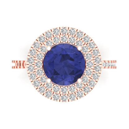 2.6 cttw Simulated Tanzanite Hidden Halo Engagement Ring - Solid Rose Gold (VVS1, Round Cut,8.0mm)