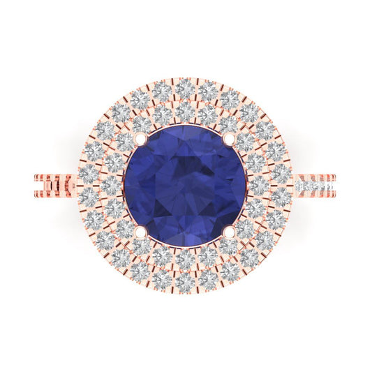 2.6 cttw Simulated Tanzanite Hidden Halo Engagement Ring - Solid Rose Gold (VVS1, Round Cut,8.0mm)