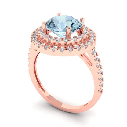 2.6 cttw Natural Aquamarine Hidden Halo Engagement Ring - Solid Gold (Round Cut,8.0mm)