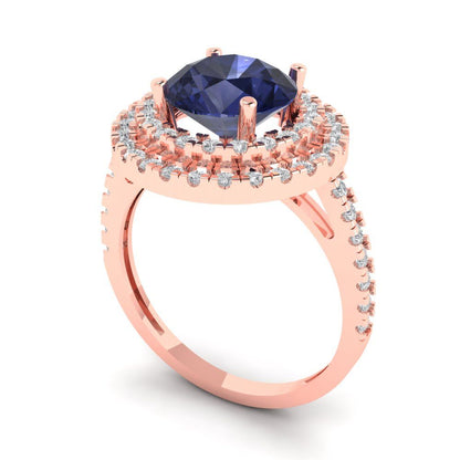 2.6 cttw Simulated Blue Sapphire Hidden Halo Engagement Ring - Solid Rose Gold (VVS1, Round Cut,8.0mm)