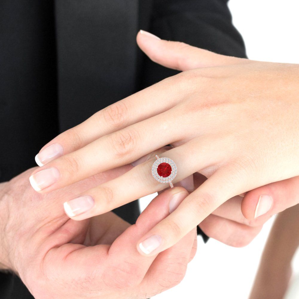 2.6 cttw Simulated Pink Tourmaline Hidden Halo Engagement Ring - Solid Gold (Round Cut,8.0mm)