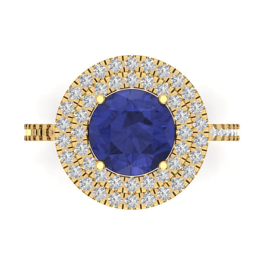 2.6 cttw Simulated Tanzanite Hidden Halo Engagement Ring - Solid Yellow Gold (VVS1, Round Cut,8.0mm)