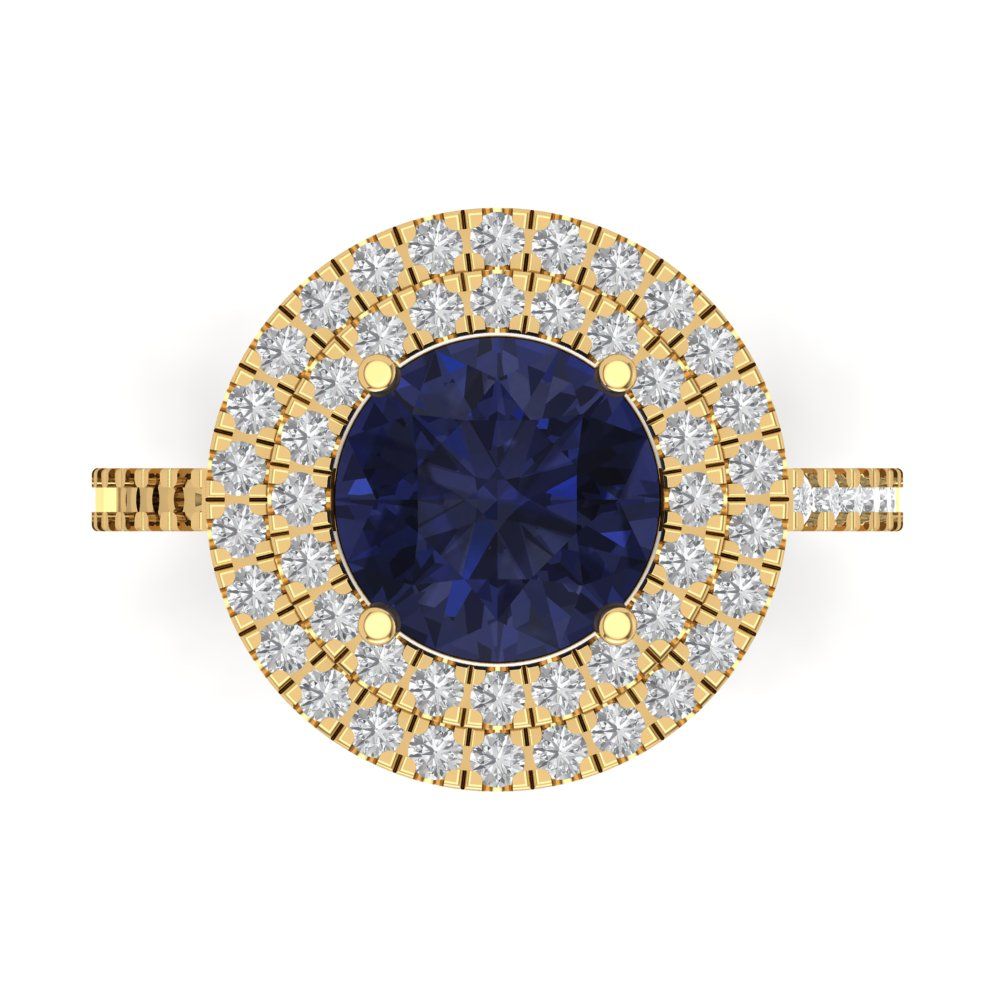 2.6 cttw Simulated Blue Sapphire Hidden Halo Engagement Ring - Solid Gold (Round Cut,8.0mm)
