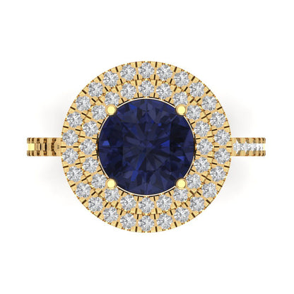2.6 cttw Simulated Blue Sapphire Hidden Halo Engagement Ring - Solid Gold (Round Cut,8.0mm)