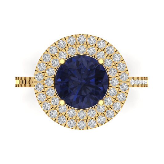 2.6 cttw Simulated Blue Sapphire Hidden Halo Engagement Ring - Solid Yellow Gold (VVS1, Round Cut,8.0mm)