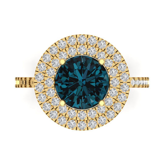 2.6 cttw Natural London Blue Topaz Hidden Halo Engagement Ring - Solid Yellow Gold (VVS1, Round Cut,8.0mm)