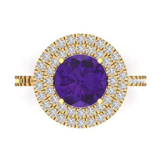2.6 cttw Natural Amethyst Hidden Halo Engagement Ring - Solid Yellow Gold (VVS1, Round Cut,8.0mm)