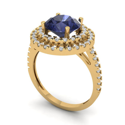 2.6 cttw Simulated Blue Sapphire Hidden Halo Engagement Ring - Solid Gold (Round Cut,8.0mm)