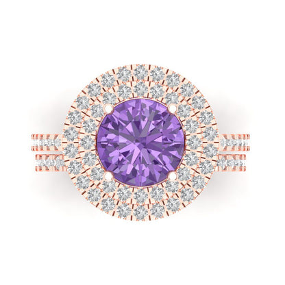 2.73 cttw Round Cut Simulated Alexandrite Bridal Set - Solid Rose Gold Engagement Ring & Wedding Band