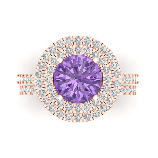 2.73 cttw Round Cut Simulated Alexandrite Bridal Set - Solid Rose Gold Engagement Ring & Wedding Band