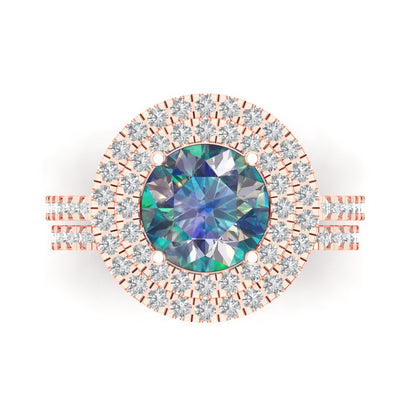 2.73 cttw Round Cut Blue Moissanite Bridal Set - Solid Rose Gold Engagement Ring & Wedding Band