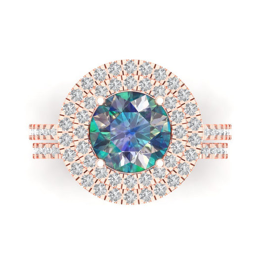 2.73 cttw Round Cut Blue Moissanite Bridal Set - Solid Rose Gold Engagement Ring & Wedding Band