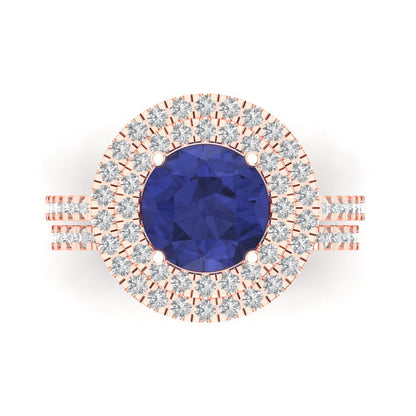 2.73 cttw Round Cut Simulated Tanzanite Bridal Set - Solid Rose Gold Engagement Ring & Wedding Band