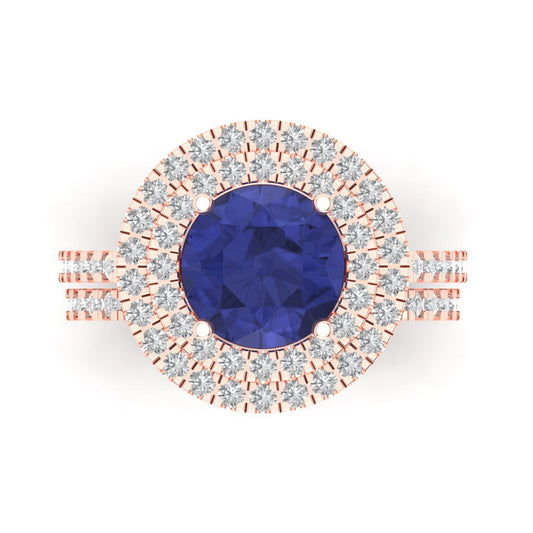 2.73 cttw Round Cut Simulated Tanzanite Bridal Set - Solid Rose Gold Engagement Ring & Wedding Band